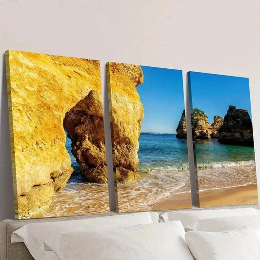 3pcs Golden Rocks and Beaches Landscape Wall Art Set Canvas Framed 40x60cm - High Quality Print 100% Australian Made Wall Canvas Ready to Hang