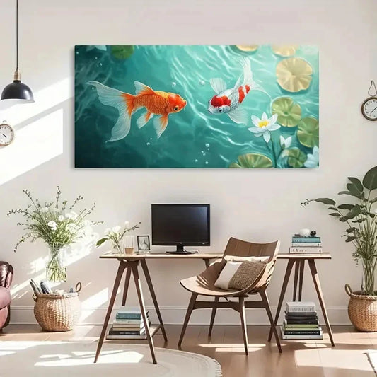 Serene Goldfish & Lotus Leaf Wall Art Canvas Office Home Room Framed 120x60cm