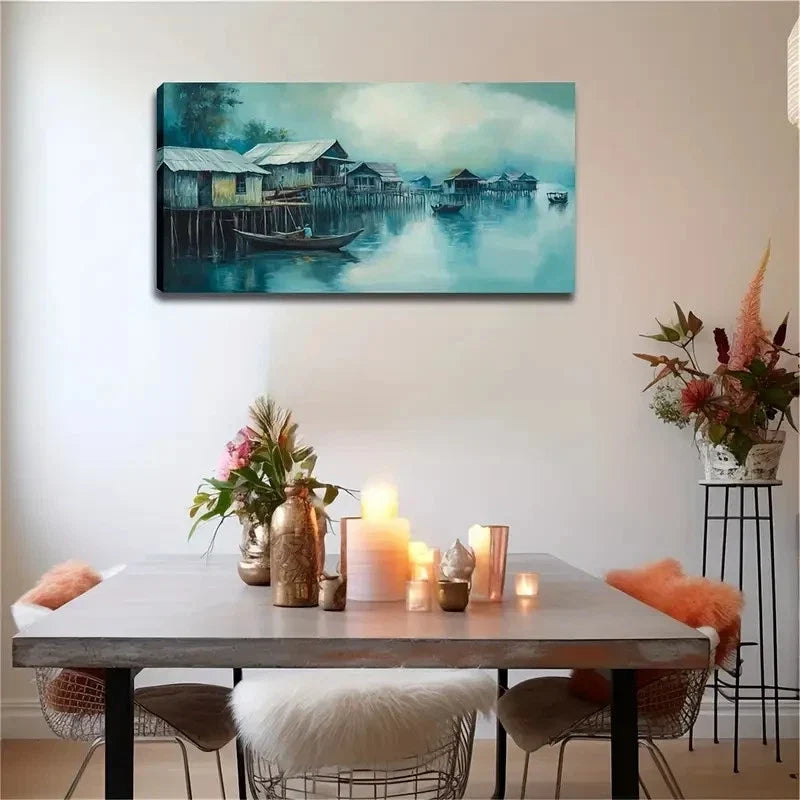Row Of Wooden House Wall Art canvas office home room framed 120x60cm