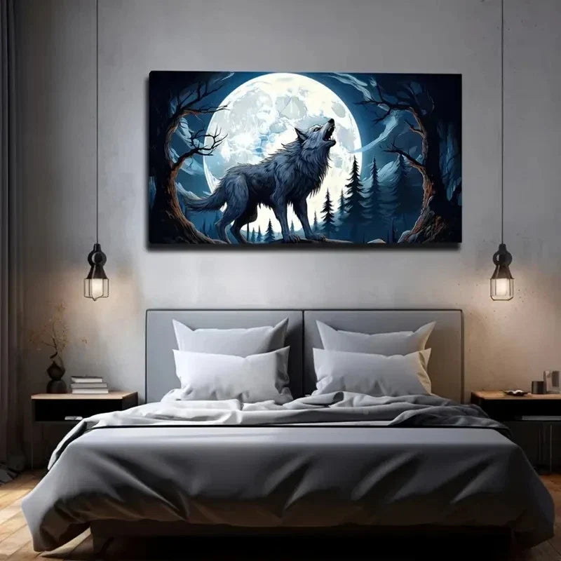 Wolf & Moon Modern Wilderness Wall Art Canvas Office Home Room Framed 80x45cm