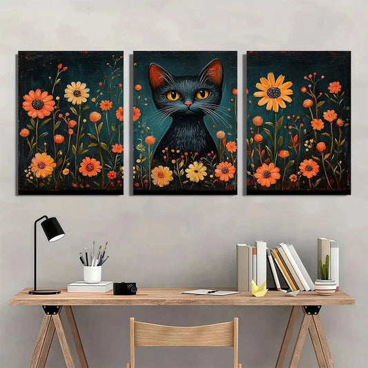 3pcs Vibrant Flowers & Cats Scandinavian Folk Metal Print Ready to Hang Art
