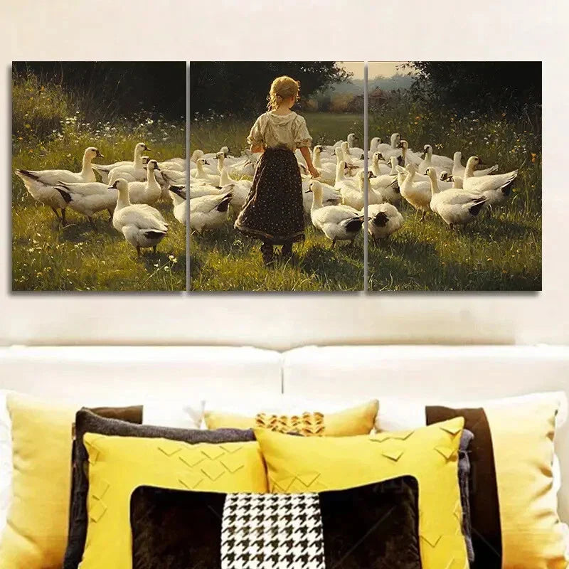 3pcs The girl feeds the animals on the farm Metal Print Ready to Hang Art