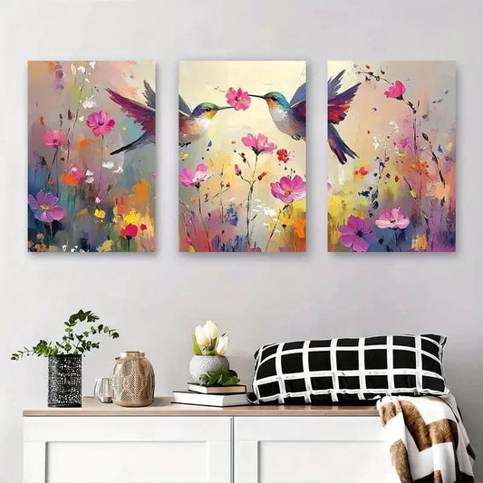 3pcs Vibrant Hummingbirds & Flowers Metal Print Ready to Hang Art