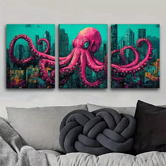 3pcs vividly colored pink Urban Octopus Fantasy Wall Art Set Canvas Framed 40x60cm - High Quality Print 100% Australian Made Wall Canvas Ready to Hang