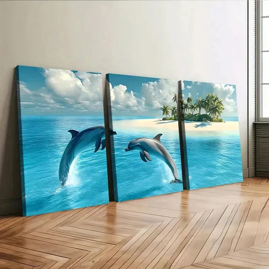 3pcs Dolphin Seascape Blue Sky White Clouds Wall Art Set Canvas Framed 40x60cm - High Quality Print 100% Australian Made Wall Canvas Ready to Hang