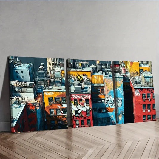 3pcs Graffiti Rooftops New York Color Perfect Wall Art Set Canvas Framed 40x60cm - High Quality Print 100% Australian Made Wall Canvas Ready to Hang