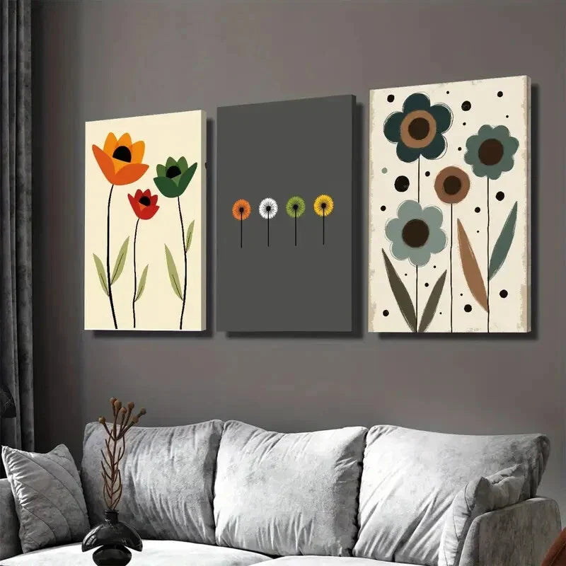 3pcs Modern Floral Vibrant Tulip, Dandelion Wall Art Set Canvas Framed 40x60cm - High Quality Print 100% Australian Made Wall Canvas Ready to Hang
