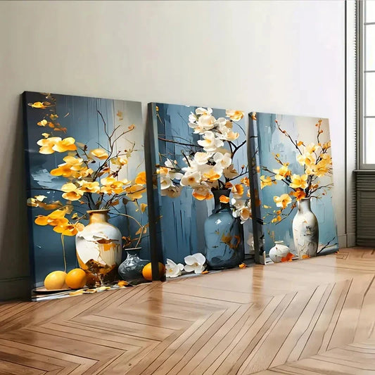 3pcs Floral Bonsai Elegant White & Yellow Florals Wall Art Set Canvas Framed 40x60cm - High Quality Print 100% Australian Made Wall Canvas Ready to Hang