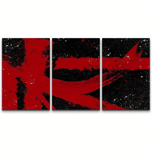 3pcs Geometric Curved Red Lines Abstract Shapes Metal Print Ready to Hang Art