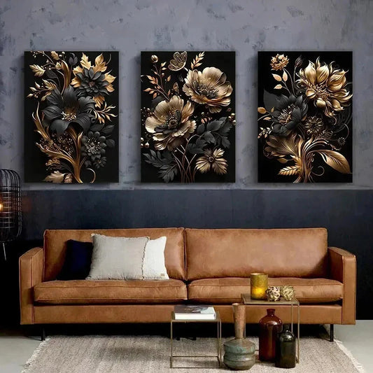 3pcs Black and Golden Floral Metal Print Ready to Hang Art