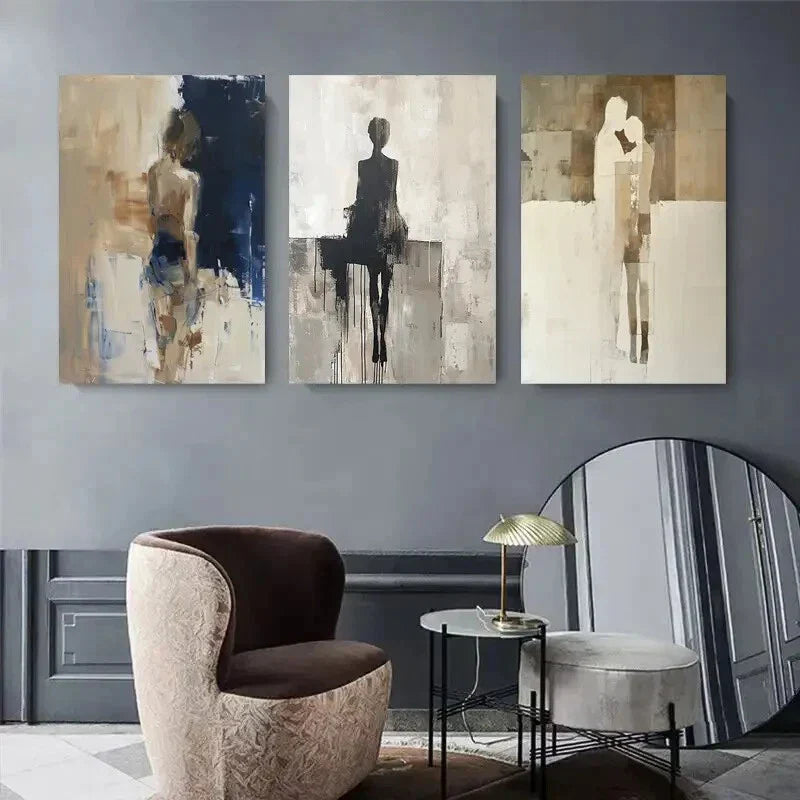 3pcs Minimalist Silhouettes in Soft Beige & Blue Metal Print Ready to Hang Art