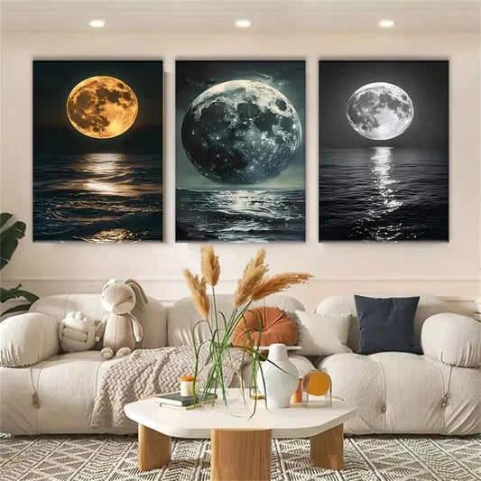 3pcs Golden & Black & White Moon Metal Print Ready to Hang Art