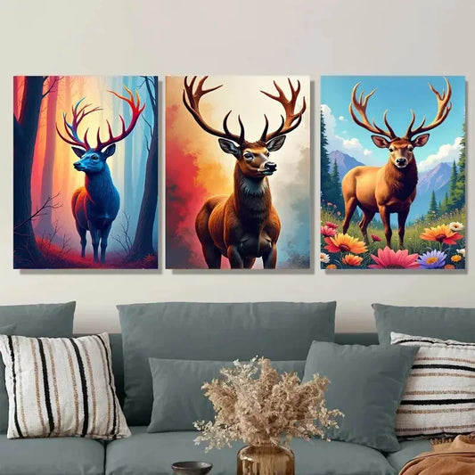 3pcs Colorful Deer Forest Triptych Floral Metal Print Ready to Hang Art
