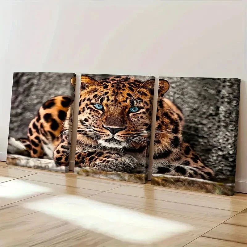3pcs Blue Eyed Big Cat Wildlife Amur Leopard Wall Art Set Canvas Framed 40x60cm - High Quality Print 100% Australian Made Wall Canvas Ready to Hang