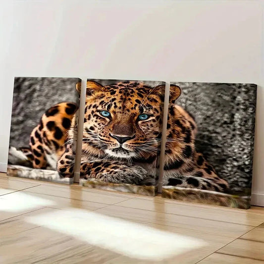 3pcs Blue Eyed Big Cat Wildlife Amur Leopard Wall Art Set Canvas Framed 40x60cm - High Quality Print 100% Australian Made Wall Canvas Ready to Hang