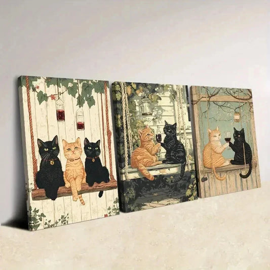3pcs Contemporary Cat Illustrations Wall Art Set Canvas Framed 40x60cm - High Quality Print 100% Australian Made Wall Canvas Ready to Hang