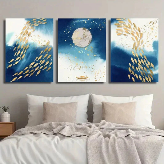 3pcs Abstract Goldfish and Moon Nordic Light Metal Print Ready to Hang Art