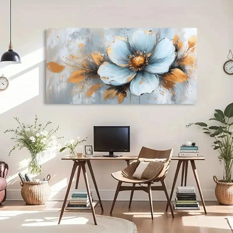 Blue Flower Abstract Botany Wall Art Canvas Office Home Room Framed 120x60cm