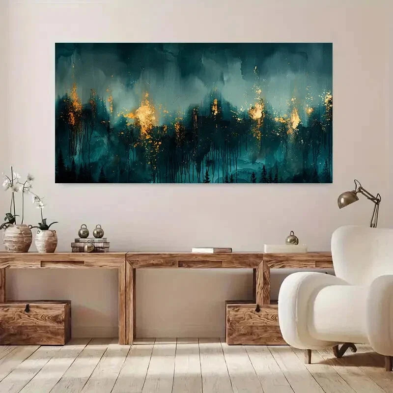 Blue & Golden Abstract Land Wall Art Canvas Office Home Room Framed 80x45cm