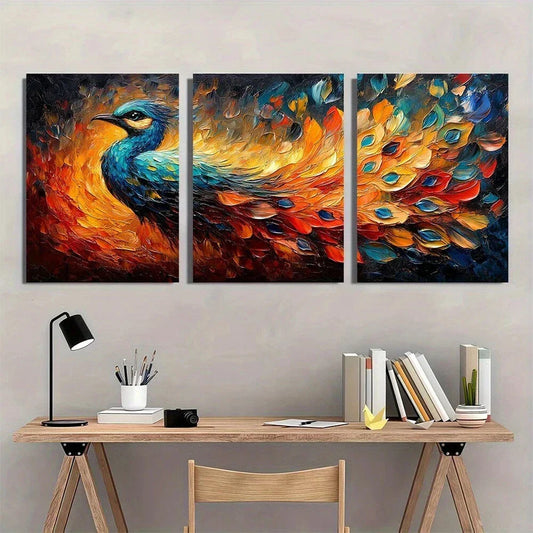 3pcs Vibrant Peacock Design with Rich Colors Metal Print Ready to Hang Art