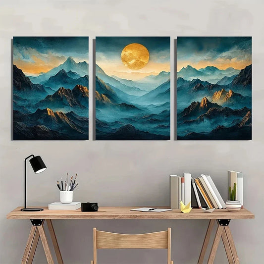 3pcs Abstract Mountain and Sunset Scenery Metal Print Ready to Hang Art