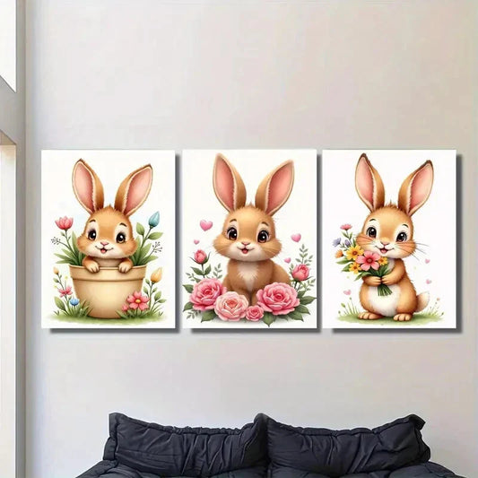 3pcs Charming Bunny Cute Rabbit Paintings Metal Print Ready to Hang Art