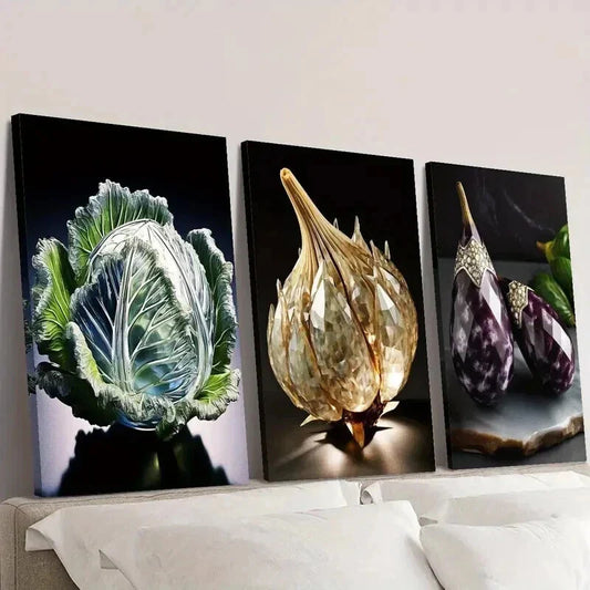 3pcs Cabbage Crystal Garlic Eggplant Wall Art Set Canvas Framed 40x60cm - High Quality Print 100% Australian Made Wall Canvas Ready to Hang