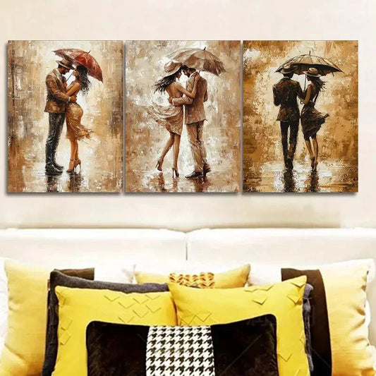 3pcs A couple is strolling in the rain Metal Print Ready to Hang Art