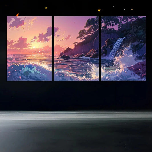 3pcs Sunset Waterfall Sunset Clouds Metal Print Ready to Hang Art