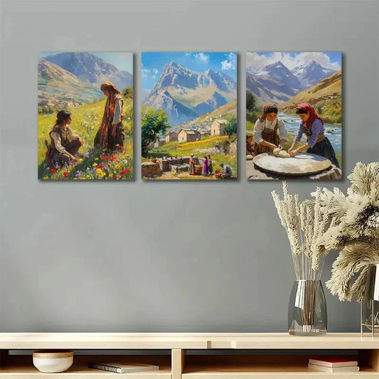 3pcs Vibrant Village Life & Nature Scenes Metal Print Ready to Hang Art