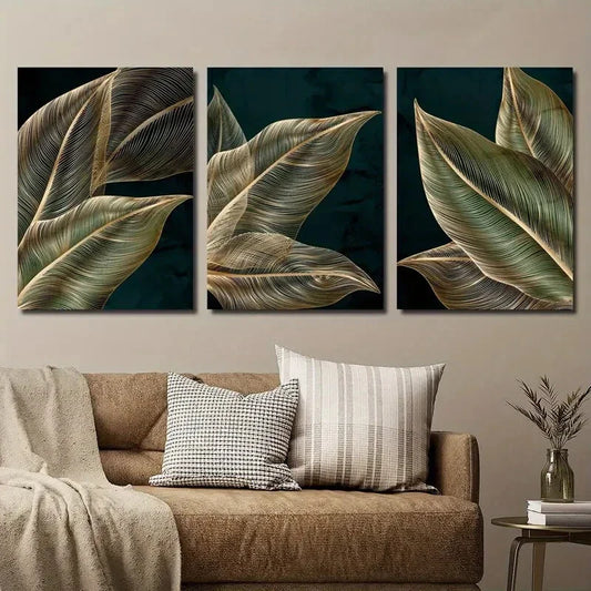 3pcs Modern Simple Stylish Golden Plant Leaf Metal Print Ready to Hang Art