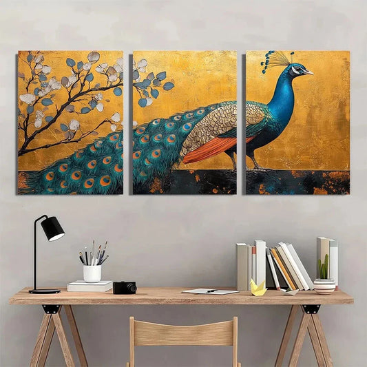 3pcs Retro Peacock Butterflies Geometric Metal Print Ready to Hang Art