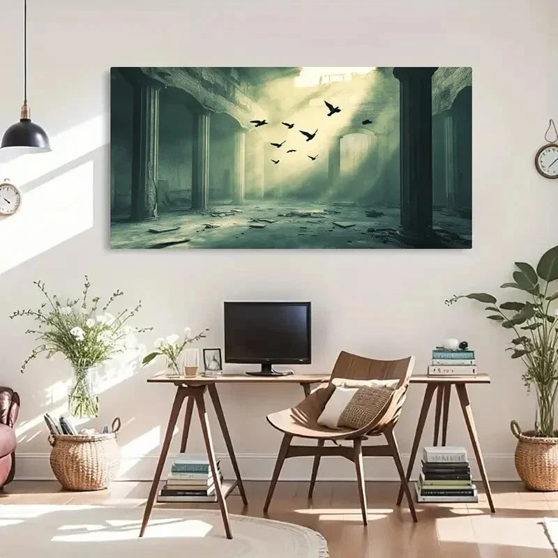 Mysterious Ruins Birds Dark Wall Art Canvas Office Home Room Framed 120x60cm