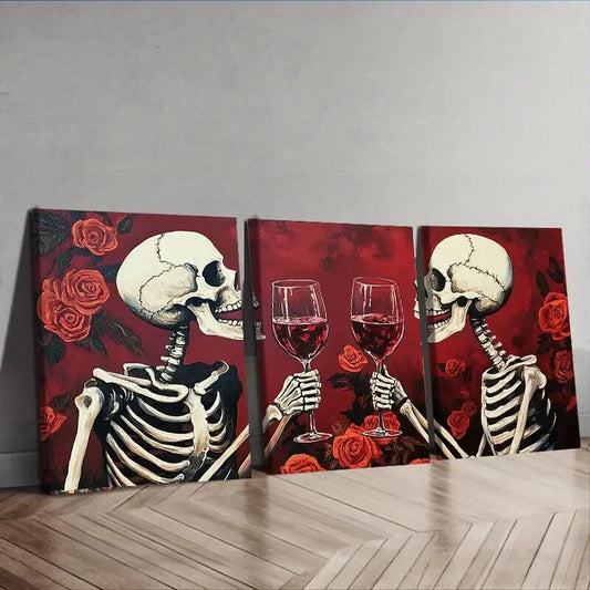 3pcs Skeleton Wine Glasses Red Roses Perfect Wall Art Set Canvas Framed 40x60cm - High Quality Print 100% Australian Made Wall Canvas Ready to Hang