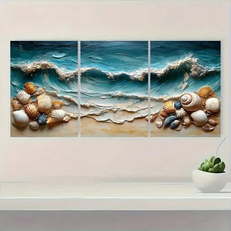 3pcs Blue Hues with Seashells Border Metal Print Ready to Hang Art