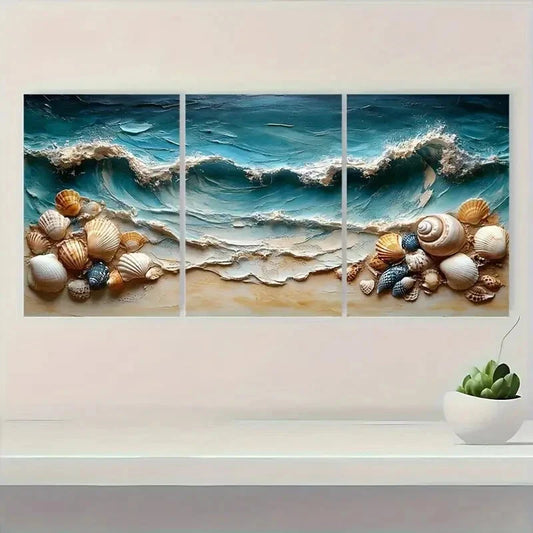 3pcs Blue Hues with Seashells Border Metal Print Ready to Hang Art