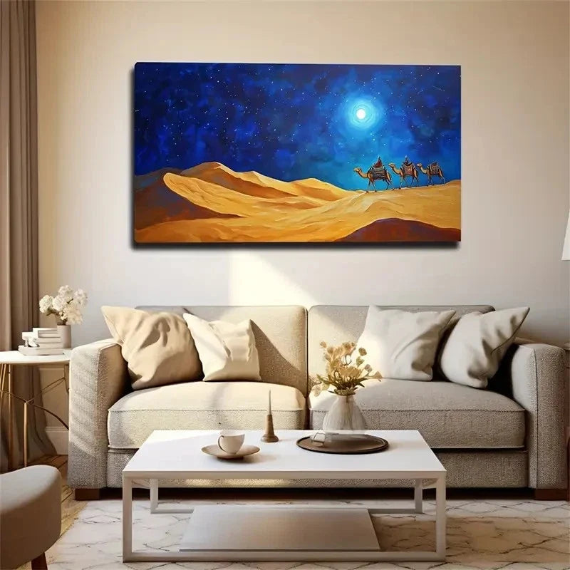 Blue Night Sky Camel Wall Art Canvas Office Home Room Framed 80x45cm