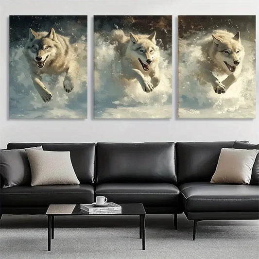 3pcs White Wolves in Snow Winter Wild Perfect Wall Art Set Canvas Framed 40x60cm - High Quality Print 100% Australian Made Wall Canvas Ready to Hang