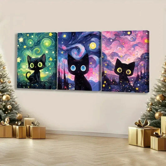 3pcs Cute Black Cat Fantasy Decorations Wall Art Set Canvas Framed 40x60cm - High Quality Print 100% Australian Made Wall Canvas Ready to Hang