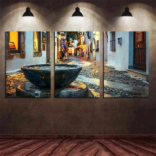 3pcs White Buildings and Pebbles On The Streets Metal Print Ready to Hang Art