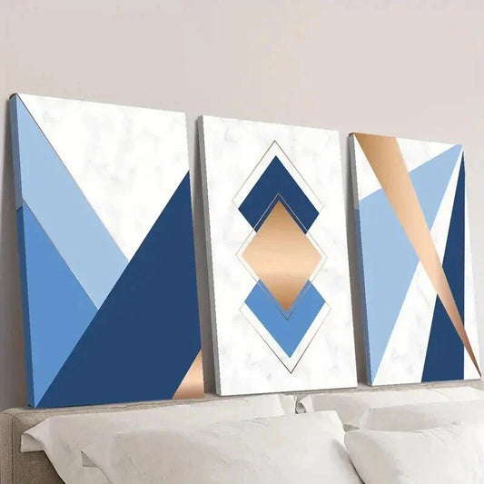 3pcs Blue Gold Geometric Abstract Design Wall Art Set Canvas Framed 40x60cm - High Quality Print 100% Australian Made Wall Canvas Ready to Hang