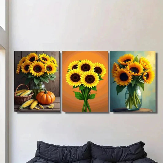 3pcs Vibrant Sunflower Basket of Corn & Pumpkins Metal Print Ready to Hang Art