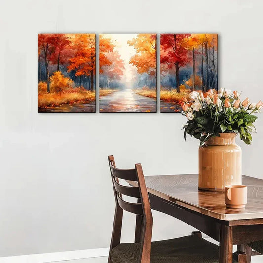 3pcs Watercolor Autumn Park Pathway Metal Print Ready to Hang Art
