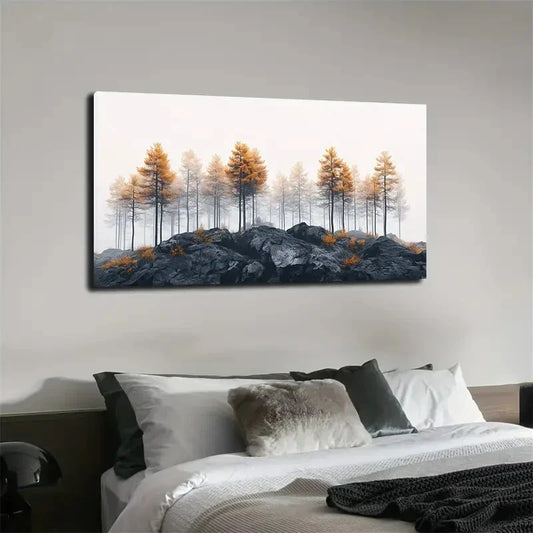 Golden Trees & Rocky Wall Art canvas office home room framed 80x45cm