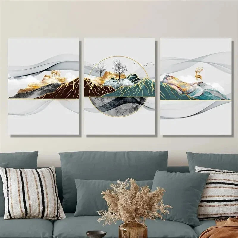 3pcs Golden landscape gold foil Metal Print Ready to Hang Art