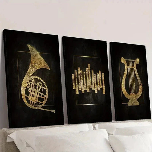 3pcs Golden Music Logos on Black Background Wall Art Set Canvas Framed 40x60cm - High Quality Print 100% Australian Made Wall Canvas Ready to Hang