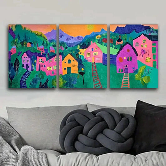 3pcs Colorful Mountain & House Scenes Metal Print Ready to Hang Art