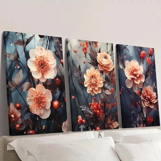 3pcs Pink Botanical Flowers and Berries Wall Art Set Canvas Framed 40x60cm - High Quality Print 100% Australian Made Wall Canvas Ready to Hang