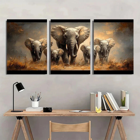 3pcs Elephant Family Wildlife Animal Themed Metal Print Ready to Hang Art