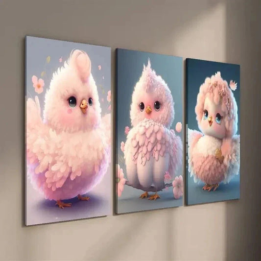 3pcs Adorable Pink Chick with Floral Accents Wall Art Set Canvas Framed 40x60cm - High Quality Print 100% Australian Made Wall Canvas Ready to Hang